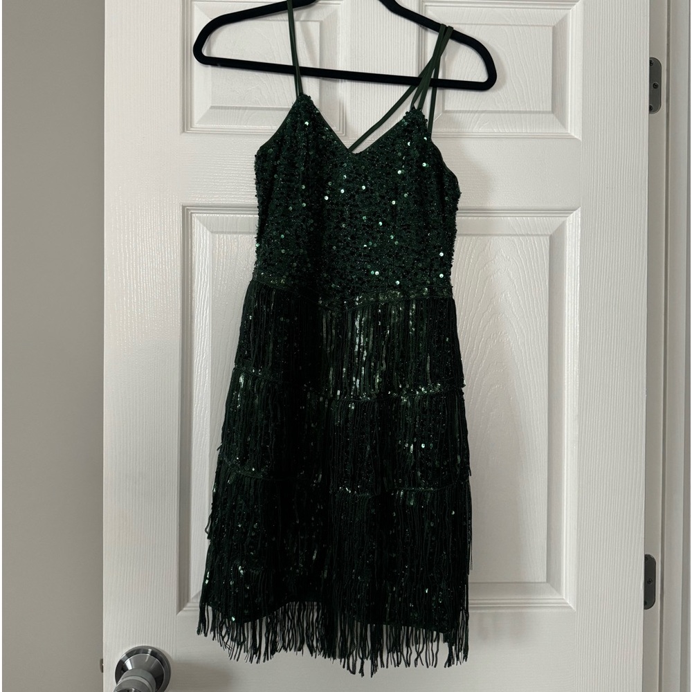 Emerald green sequin fringe dress